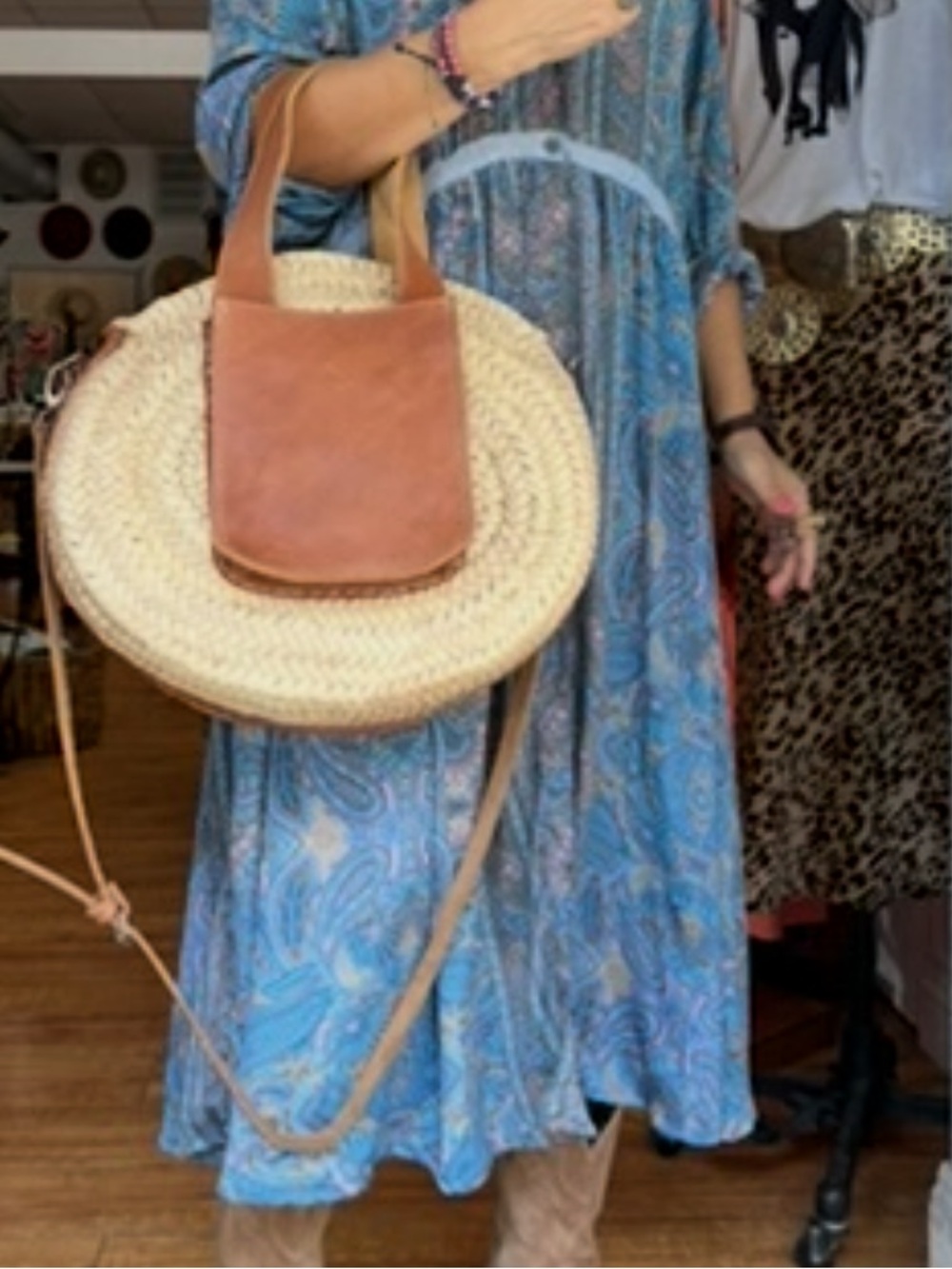 Straw Round Tote with Tan Leather Trim